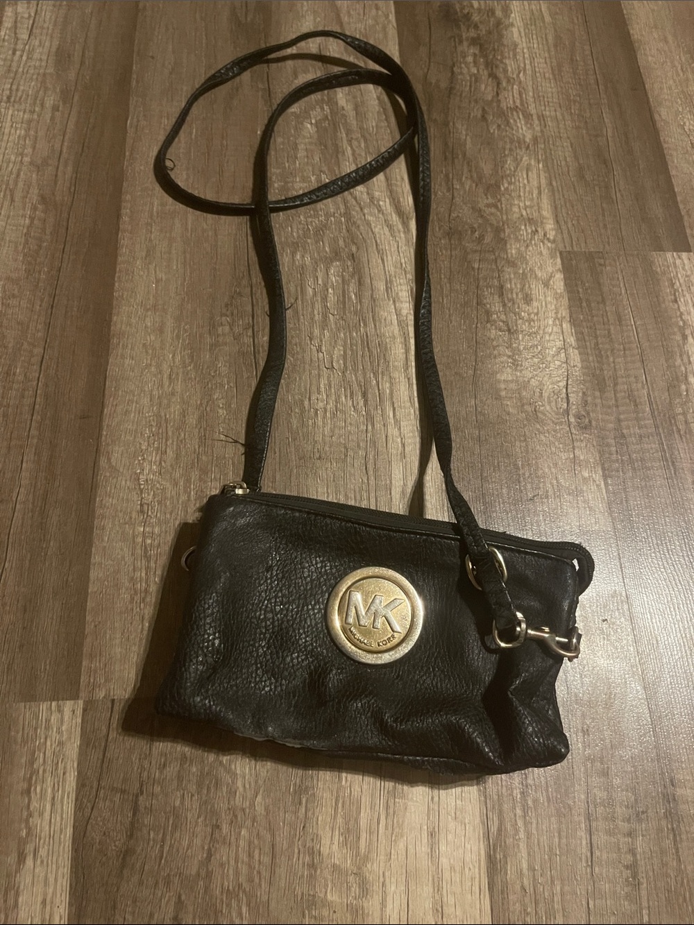 Michael Kors Black Leather Crossbody with Gold MK Medallion